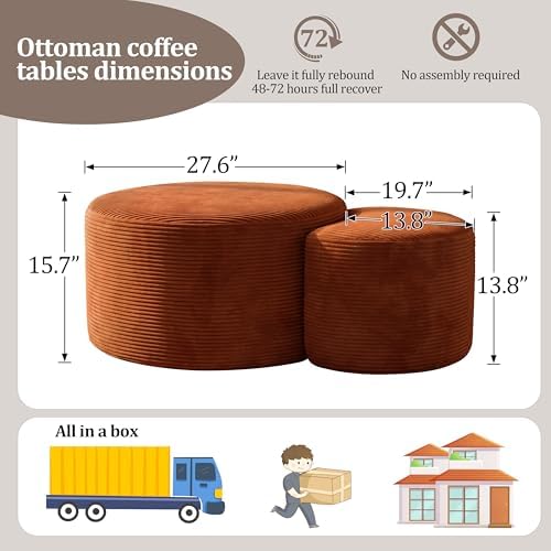 BSHOMGI Nesting Coffee Table Set of 2,Corduroy Ottoman Soft Foot Rest Movable LargePouf Footstool for Living Room Sofa Couch Bedroom Entryway and Small Spaces No Assembly (Orange, 32"+17") - Image 2