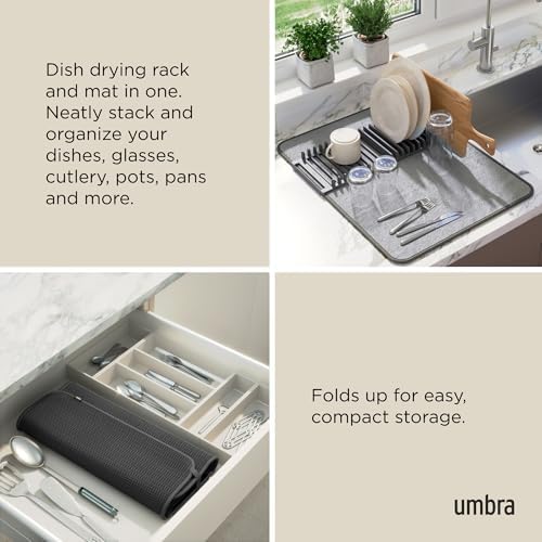 Umbra Udry Dish Drying Rack with Mat, Folds Flat for Storage, Dark Grey, 24" x 18" (Pack of 3) - Image 4