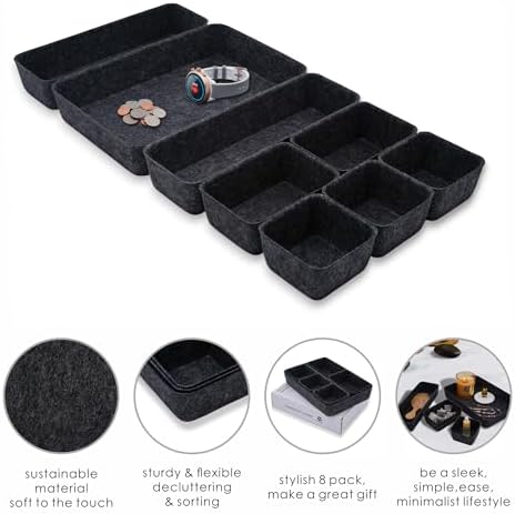 Welaxy Minimalist Felt Desk Drawer Organizer 8-Piece Charcoal Storage Bins - Image 6