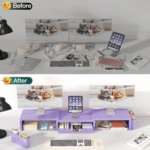 OPNICE Desk Organizer and Accessories, Computer Monitor Stand Riser with Drawer and 2 Pen Holders, Laptop Stand, Office Desk Accessories for Office Supplies, Purple - Image 7