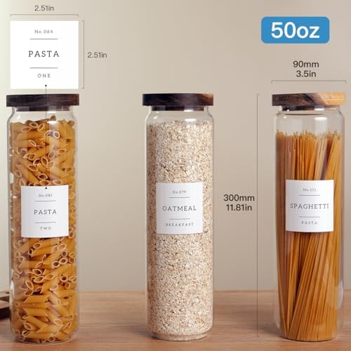 CZZGSM 3 Set Glass Pantry Storage Jars with Acacia Airtight Lid - 50oz Thicken Glass Kitchen Canisters with 132 Pantry Labels - Tall Food Storage Containers with Wood Lid for Pasta,Spaghetti,Cereal - Image 4