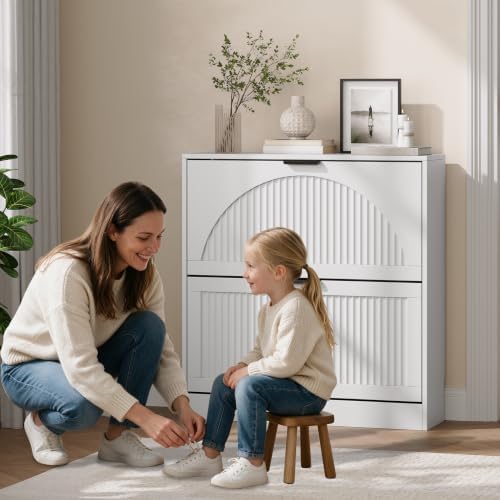 Fluted Shoe Storage Cabinet for Entryway, 2 Flip Drawers, White - Image 6