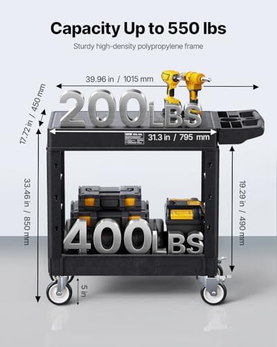 VEVOR Utility Cart, 550 lbs Load Capacity, 31.3 x 17.7-inch Service Cart, Two-Shelf Heavy Duty Plastic Utility Cart with 360° Swivel Wheels (2 with Brakes), Suitable for Warehouse, Garage, Cleaning - Image 3