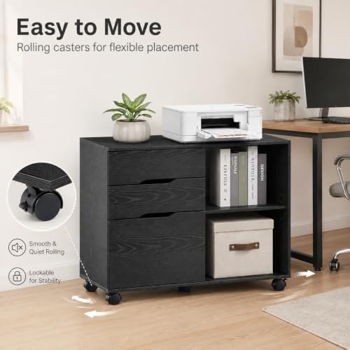 Simple Deluxe 3 Drawer Rolling File Cabinet, Wood Printer Stand with Adjustable Shelf for Home Office Study Organizatiom, Black - Image 5