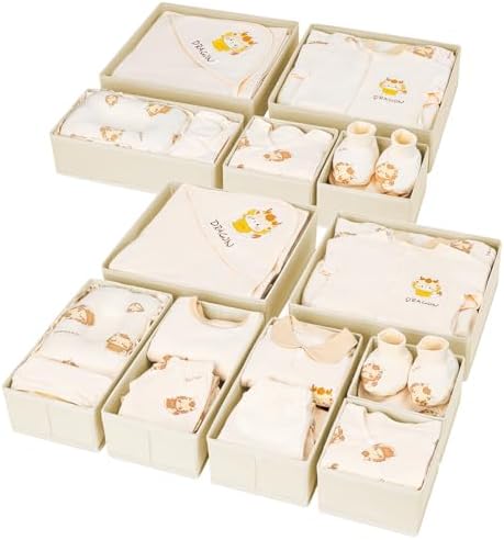 DIMJ Drawer Organizer Clothes 12 Pack - Foldable Baby Organizers and Storage & Dresser Organizer for Bedroom, Closet - Nursery Organization Dresser Dividers for underwear, Sock,Bra, Belt, Tie, Beige by DiMJ