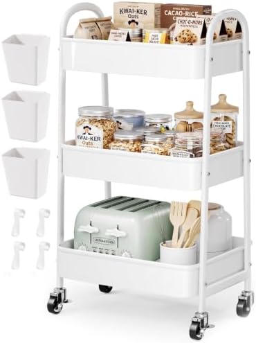 Heavy Duty 3 Tier Rolling Cart Metal with Wheels, White Three Tiered Carts by Unknown