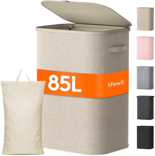 Lifewit 85L Large Laundry Hamper with Lid, Removable Inner Bag, Beige by Lifewit