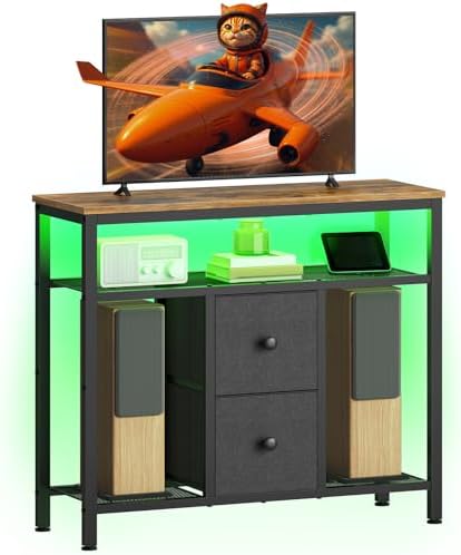 YATINEY TV Stand with LED Lights, Dresser TV Stand, Tall Entertainment Center with 2 Fabric Drawers, TV Media Console Table, for Living Room, Bedroom, Black and Rustic Brown DS10DBR by Yatiney