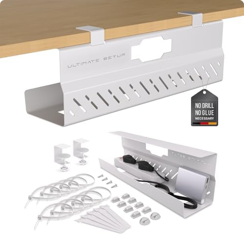 Under Desk Cable Management Tray no Drill – Wire Management - Cord Organizer – Huge Load Capacity – Under Desk Cable Tray no Drill (White, 1 Piece Set) by UltimateSetup