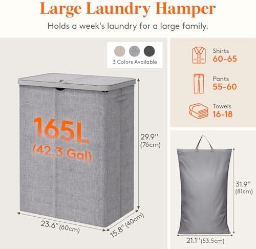 Lifewit 165L Large Laundry Hamper with Lid, Removable Inner Bag, Light Gray - Image 4