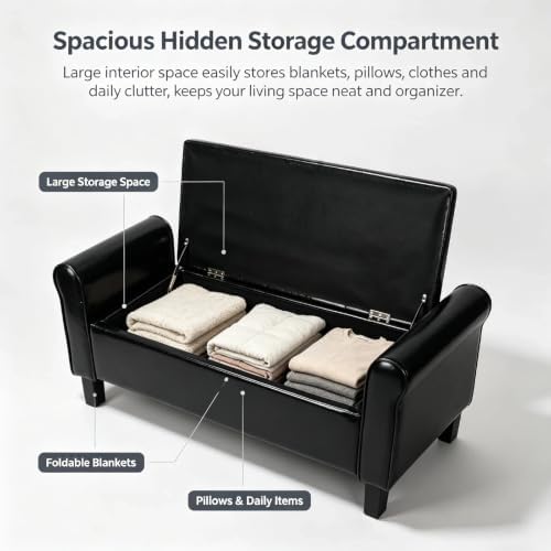 51 Inch Black Faux Leather Storage Ottoman Bench with Rolled Armrests - Image 4