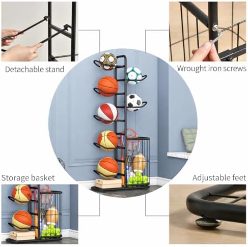 7-Ball Sports Equipment Storage Rack with Ball Holder and Basketball Rack, Athletic Gear Organizer ball Stand - Organize Toys, Sports Gear and More, 57.5" (Black) - Image 4