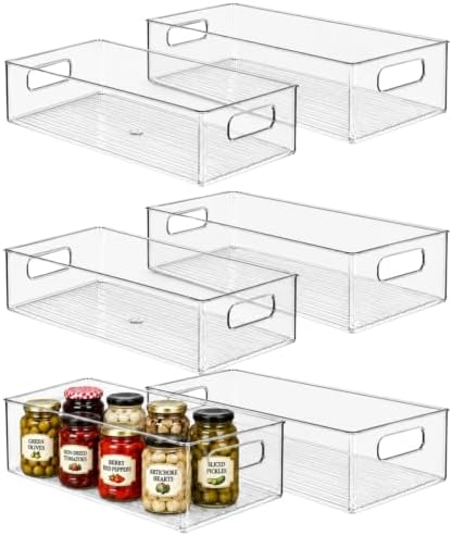Plastic Food Storage 6 Pack Clear Container Bin with Handles for Organizing Kitchen, Pantry, Refrigerator, Freezer, Pantry, Cabinet, Closet, Bathroom. 12”x8”x5” by primebox