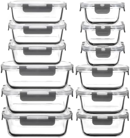 AILTEC 12 Pack Glass Meal Prep Containers Set, Airtight Snap Lids, 4 Sizes by AILTEC