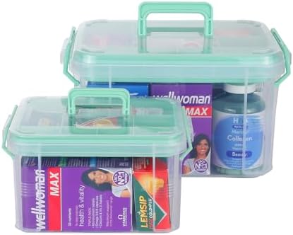 Set of 2 Medicine Organizer - Plastic Storage Box with Handle Green by HeyFoly