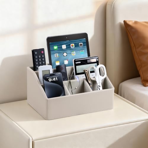 PU Leather Desk Organizer, Remote Control Holder (Dark Beige) - Image 3