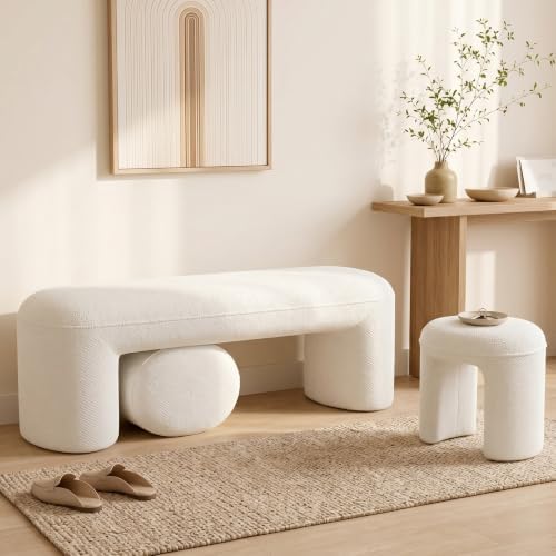 53" Chenille Ottoman Bench with 2 Nesting Ottomans, White by CHICAURA