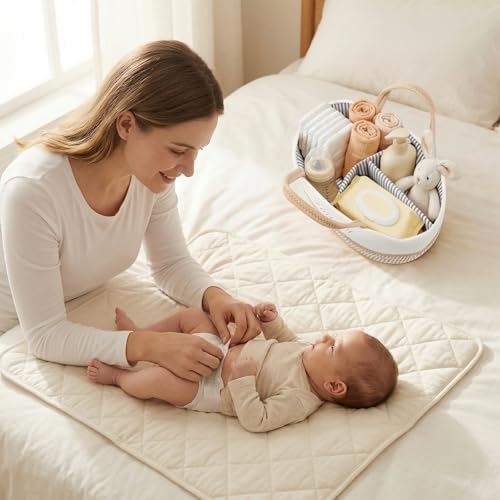 DUHEL Diaper Caddy Organizer with Handle(White Khaki-Happy) - Image 6