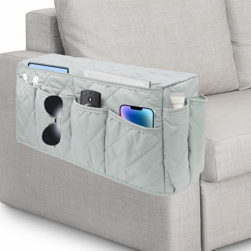 Remote Control Holder, Non Slip Bedside Armchair Caddy, Recliner Arm Caddy Armrest Organizer with 14 Pockets for Cell Phone TV Remote Control Magazines, Light Gray by DecorateYourLife