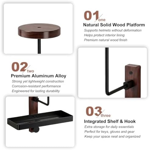 Helmet Holder Wall Mount with Shlef, Helmet Storage Rack with Hooks, Solid Wood & Strong Aluminum Design for Motorcycle, Bike, Football, Racing, Skiing Sports Gear, Jackets & Hats (Brown*3) - Image 3