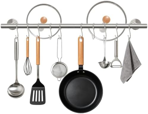 26 Inch Kitchen Utensil Rack, SUS304 Stainless Steel Pot and Pan Hanging Rail with 10 Sliding Hooks, Heavy Duty Wall Mounted Hanger and Organizer for Cookware, Mugs, Lids (Brushed Nickel) by Siyzda
