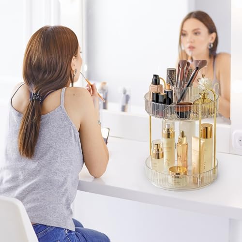 Aveniee 360 Rotating Makeup Organizer for Vanity, Upagraded Perfume Skincare Bathroom Counter Organizers with Brush Divider, Two Tier Spinning Lipstick Cosmetic Lotion Storage,White - Image 6