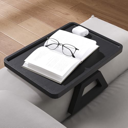 Couch Arm Tray,Bamboo Folding Sofa Tray,Sofa Armrest Trays Clip-On Couch Desk for Drinks,Snacks,Phone,Remote Control（Black） - Image 2