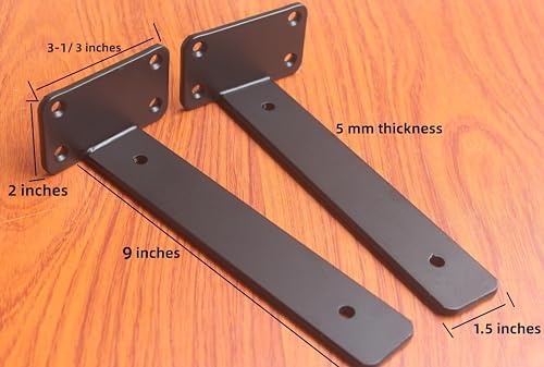 6 Pack - 9 inch Black Hidden L Shelf Bracket (1/5 Inch Thicked) Iron Floating Shelf Brackets Rustic Industrial Metal Brackets for Shelf Support - Image 2