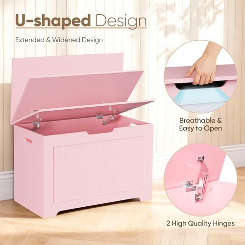 SUPER DEAL Storage Chest, 30 inches Chest Box Organizer with 2 Safety Hinges, Wooden Entryway Storage Bench, Pink - Image 6