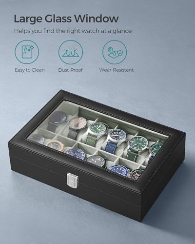 SONGMICS Watch Box, 12-Slot Watch Case Organizer with Large Glass Lid, Removable Pillows, Gift for Loved Ones, Black Synthetic Leather, Gray Lining UJWB12BK - Image 4