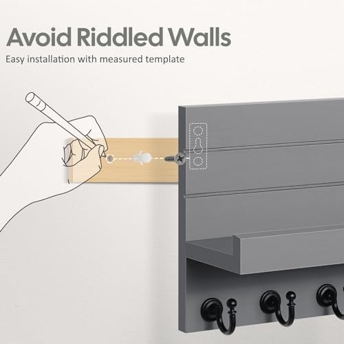 HONJIN Key and Mail Holder for Wall: Rustic Key Hanger Key Rack Organizer with 5 Sturdy Key Hooks for Entryway Bedroom Kitchen House Decor (Grey) - Image 2