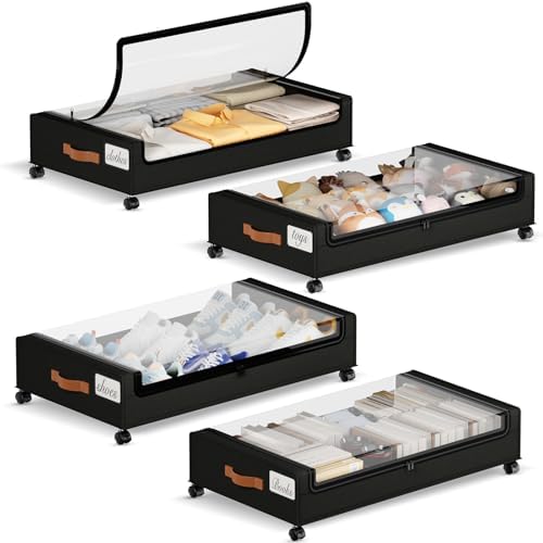 Yecaye 60L Under Bed Storage with Wheels, 4 Pack, Black by Yecaye