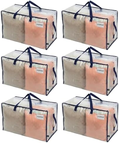VENO 6 Pack Clear Extra Large Moving Bags & Storage Totes, Heavy Duty Organizer with Reinforced Handles & Strong Zippers for Clothes, College Dorm Essentials, Moving Supplies by Veno