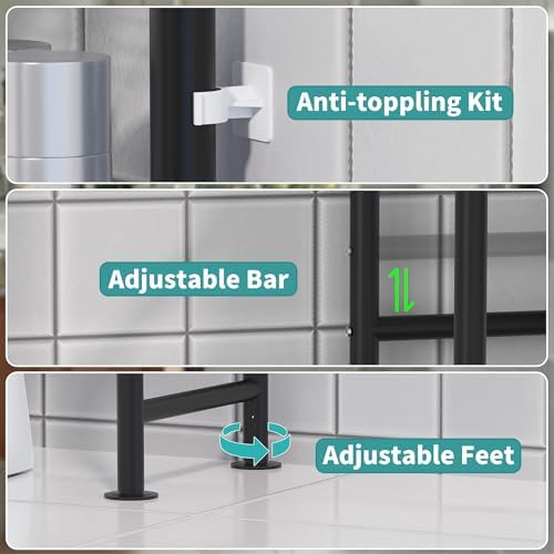 3-Tier Over The Toilet Storage Organizer, Space-Saving Bathroom Rack with Paper Holder & 4 Hooks, 64" Tall Freestanding Carbon Steel Shelf for Small Apartment Laundry Room (Black) - Image 4