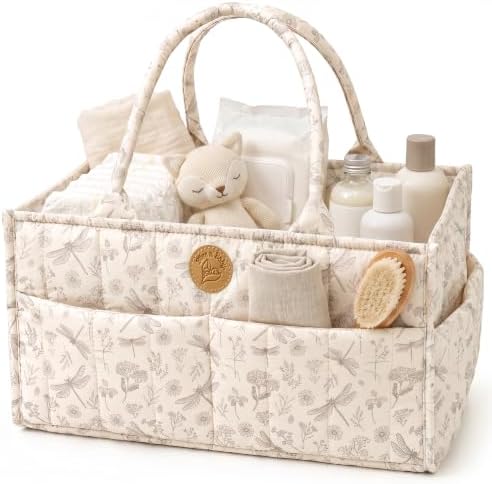 Floral Diaper Caddy Organizer - Portable Diaper Caddy with Handles & Removable Dividers - Large & Quilted Nursery Storage Basket for Girls - Woodland Nursery Decor & Wildflower Gift for Baby Shower by BlissnBaby