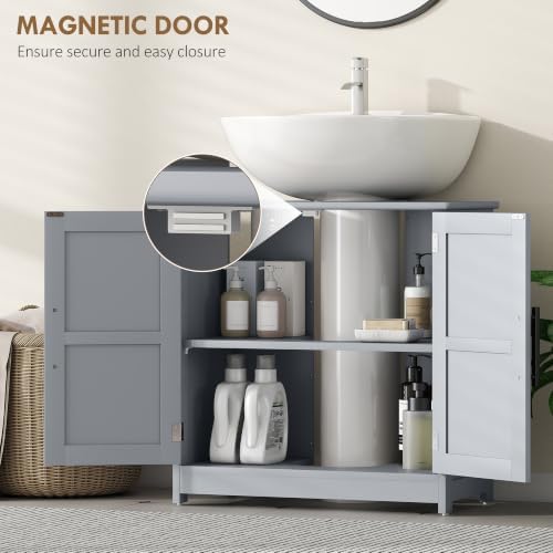 HOMCOM Pedestal Sink Storage Cabinet, 2 Barn Doors, Dark Gray - Image 7