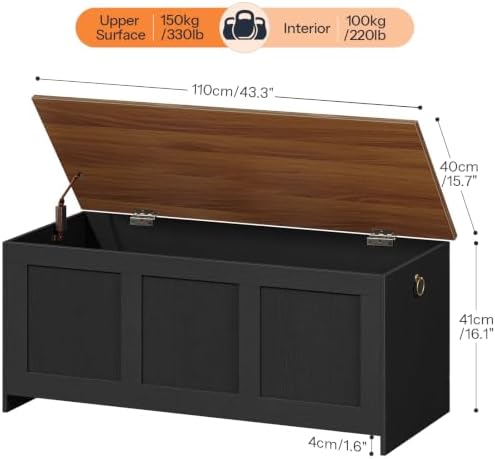 HOOBRO Storage Bench, 43.3" Retro Wooden Storage Chest, Wooden Storage Trunk, Toy Chest with Lift Top, Multifunctional Entryway Organizer, for Entryway, Living Room, Black and Walnut BH411CW01G1 - Image 3