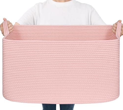 Goodpick Large Woven Rope Blanket Basket, Rectangle, Pink, 75L by Goodpick