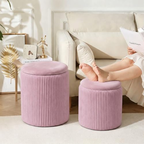 YYW HOME Pink Velvet Round Ottoman with Storage Set of 2 - Image 2