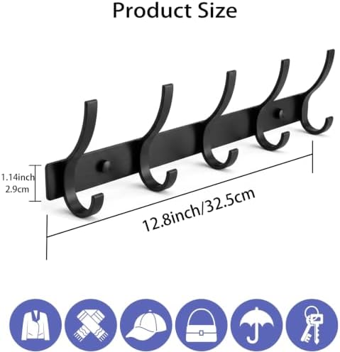 Coat Rack Wall Mounted,5 Coat Hooks for Hanging Coats,Heavy Duty Metal Double Hook Rack Hook Rail,Coat Rack with Hooks,Wall Mount Coat Hanger for Hat Towel Purse Robes (2 Pack Black, 5 Hooks) - Image 2