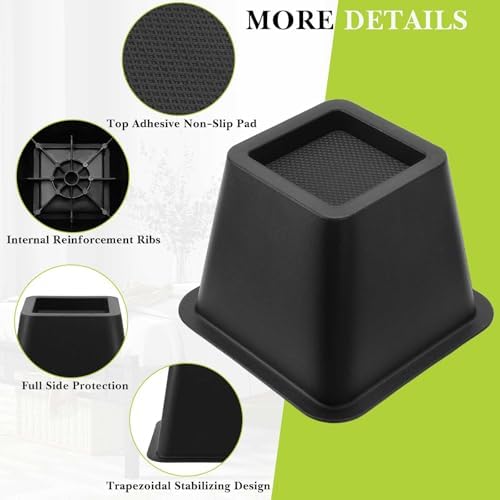 6 Pack Furniture Risers 4 Inch, Bed Risers Heavy Duty for Table Desk Couch Chair Sofa Cabinet Bed Frame Dorm, Square Table Leg Risers Lift Height 4.3", Black - Image 4