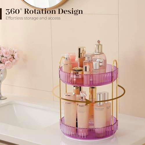 Aveniee Rotating Makeup Organizer for Vanity, Perfume Skincare Organizers Spinning, 2 Tier Bathroom Countertop Storage, Cosmetics Lipstick Holder for Counter Dresser,Purple - Image 3