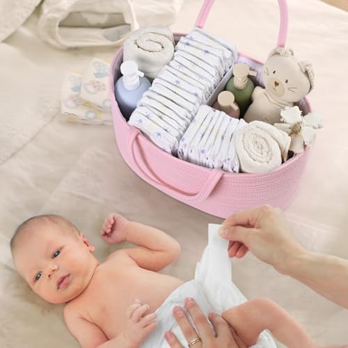 19L Baby Diaper Caddy Organizer, 16.8"x9.8"x9" Cotton Rope Diaper Basket, Changing Table Storage Caddy With Removable Divider, Baby Basket for Nursery, Car, Diapers, Baby Shower Gifts for Newborn - Image 3