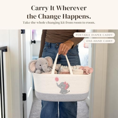 Baby Girl Diaper Caddy Organizer, Pink Elephant Cotton Rope Nursery Basket - Image 5