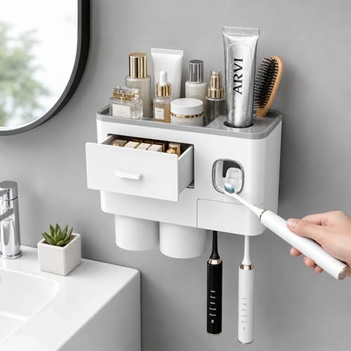 Toothbrush Holders Bathroom Accessories with Toothpaste Dispenser, 2 Cups Toothbrush Holder Wall Mounted Bathroom Decor (Grey and White by Unknown