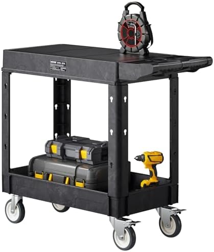 VEVOR Utility Cart, 550 lbs Load Capacity, 31.3 x 17.7-inch Service Cart, Two-Shelf Heavy Duty Plastic Utility Cart with 360° Swivel Wheels (2 with Brakes), Suitable for Warehouse, Garage, Cleaning by VEVOR