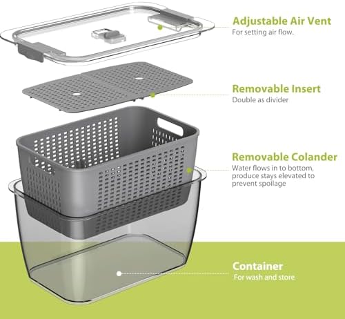 LUXEAR 4 Pack Fruit Containers for Fridge, Vegetable Storage Container with Lids &Removable Colander Produce Saver Organizer for Refrigerator Keep Fruit, Veggie, Berry, Meat Fresh Longer-Grey - Image 3