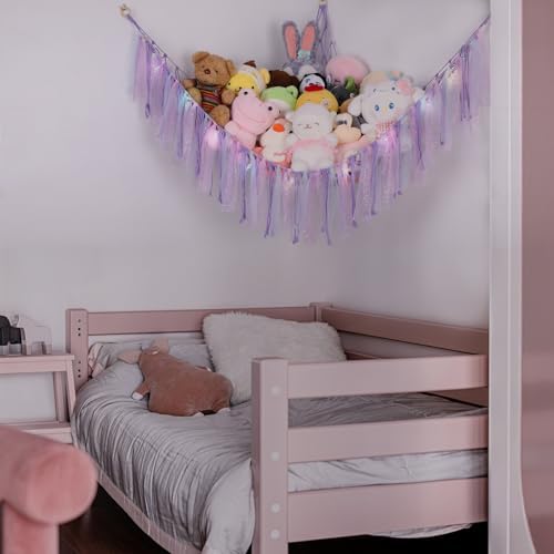 Stuffed Animal Hammock with LED Lights - 59 Inch Large Toy Storage Net for Kids Bedroom, Wall-Mounted Plush Organizer with Wooden Rings, Nursery Decor (Handwoven, Purple) - Image 4