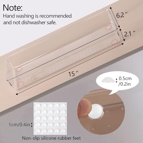 6 Pcs Large Clear Plastic Drawer Organizers Tray 15" x 6.3" Storage Bins with 25 Pcs Non-Slip Pads for Makeup, Jewelries, Kitchen Utensils, Bathroom and Office - Image 3