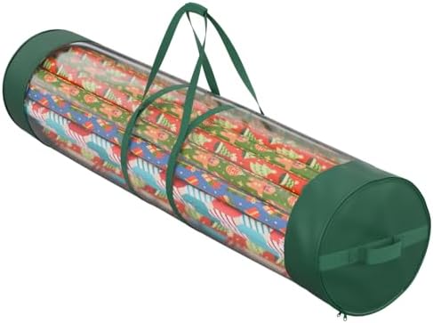 ProPik Wrapping Paper Organizer Storage Bag for All Your Gift Wrap & Ribbons, Fits Long 40 Inch Rolls, Hold Up To 24 Rolls, Heavy Duty Clear PVC Bag with Handles (Green & Clear) by ProPik